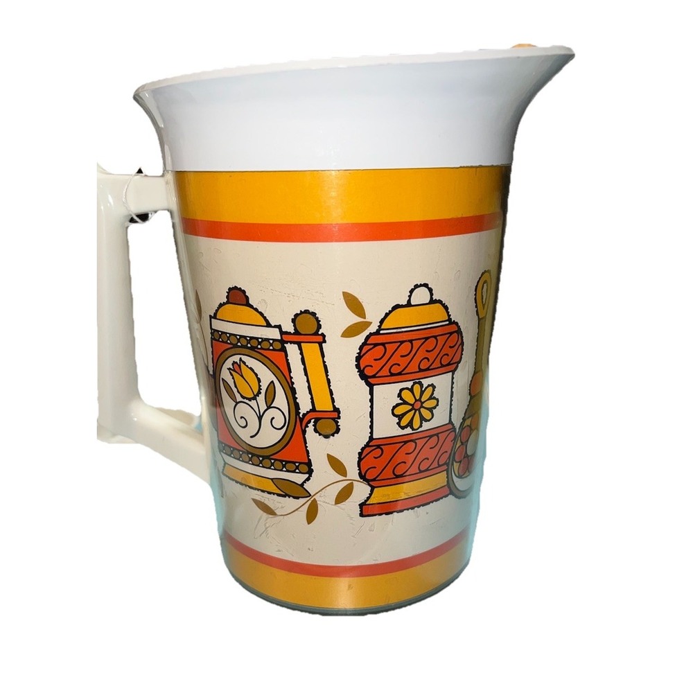 Vintage Thermo-Serv USA Orange and Yellow‎ Kitchen Pattern Pitcher And Lid